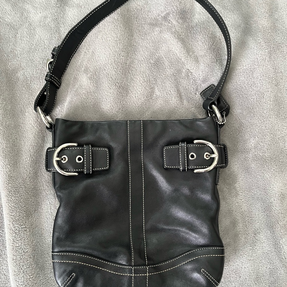 Coach Black Leather Shoulder Bag with Silver Buckles